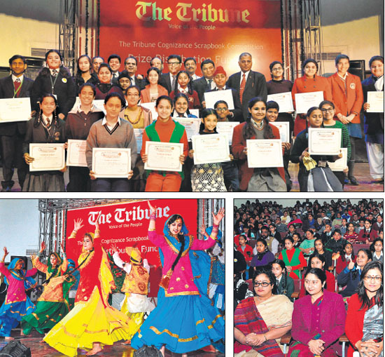 Winners of the The Tribune Cognizance 2013 in a jubilant mood after the prize distribution; family members and teachers gather to motivate the children; and students of St Joseph's School perform during the function at Panjab University, Chandigarh, on Wednesday