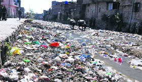 Rispana river bed covered with garbage in Dehradun on Wednesday.