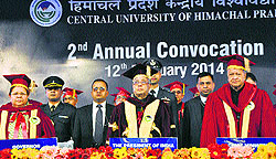 Governor Urmila Singh, President Pranab Mukherjee and Chief Minister Virbhadra Singh at the 2nd convocation of CUHP at Shahpur in Kangra on Wednesday