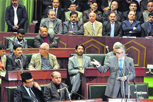 Chief Minister Omar Abdullah addresses the Assembly in Jammu on Wednesday.