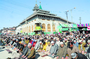 Devotees offer special prayers at the Dastgeer Sahib Shrine in Srinagar on Wednesday.