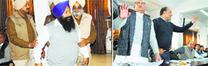 Rajinder Singh Bhatia being asked to leave the MC House; and (right) Opposition councillor Hemrak Aggarwal and Sanjay Talwar argue with the other councillors. Tribune Photos