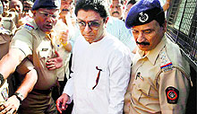 MNS chief Raj Thackeray being detained at a police station in Mumbai on Wednesday