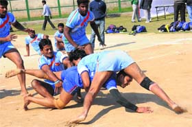 Players in action during a kabaddi match at the Sports Complex, Sector 42, Chandigarh