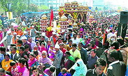A view of the tableaux which was part of the Shobha Yatra taken out in Jalandhar on Thursday, a day ahead of Guru Ravi Das Jayanti