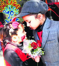 Students particpate in Valentines Day celebrations at a playway school in Ludhiana.