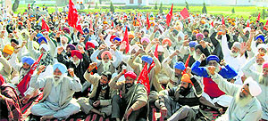 Farmers stage dharna near the India-Pakistan border in Attari on Thursday