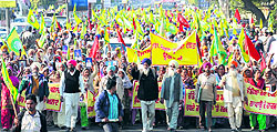 Activists of the BKU (Ugrahan) and Khet Mazdoor Union protest for their demands in Bathinda on Thursday