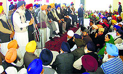Chief Minister Parkash Singh Badal addresses a gathering of SAD-BJP workers in Sangrur on Thursday