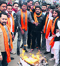Shiv Sena activists hold a protest against the V-Day celebrations in Jalandhar on Friday