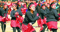 Girls perform aerobics on the concluding day of the 53rd Annual Athletics Meet at the Khalsa College for Women in Ludhiana