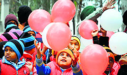 Children celebrate Valentines Day at Bal Bhawan in Ludhiana on Friday