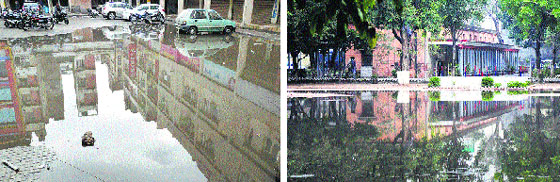 Water accumulated at Bhadaur House. Photos: Inderjeet Verma (Left) and A waterlogged GT Road outside the Ludhiana railway station.