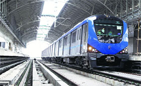 A Metro train during a trial run between Koyambedu and Ashok Nagar in Chennai on Saturday.