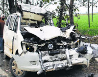 The mangled vehicle on Sirhind-Patiala road on Saturday. Tribune photo