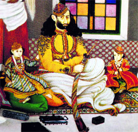 Nawab Abdul Rahman Khan seated with his two sons. Detail from a painting by Ghulam Ali Khan; dated 1852. The British Museum, London