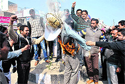 Congress workers burn an effigy of Cabinet Minister Anil Joshi in Amritsar on Sunday