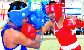 A boxer lands a punch during the 36th Junior Boxing Championship at PML SD Public School in Sector 32, Chandigarh, on Sunday.