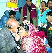 A patient being examined at an eye camp in Sundernagar on Sunday