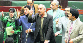 PDP president Mehbooba Mufti with party legislators in the Assembly in Jammu on Sunday.
