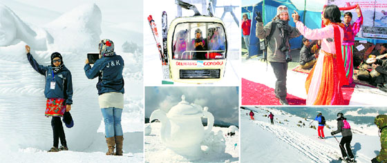 (Clockwise from above) Tourists click photographs near a snow sculpture during the inaugural function of the National Ski and Snowboarding Championship in Gulmarg on Sunday; Chief Minister Omar Abdullah takes a ride in a cable car near Affarwat in Gulmarg; a French tourist dances with local folk artistes; skiers enjoy the slopes of Affarwat; and a snow sculpture of a samovar (Kashmiri kettle).