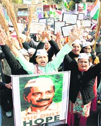 Aam Aadmi Party supporters raise slogans at a protest in Jalandhar on Sunday