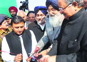 Chief Minister Parkash Singh Badal and Uttar Pradesh Chief Minister Akhilesh Yadav inaugurate an exhibition at Chappar Chiri village in Mohali on Sunday