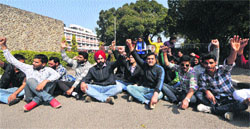 Students of PU law department stage a protest outside the Vice-Chancellors office in Chandigarh on Monday. Tribune Photo: Pradeep Tewari