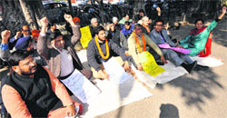 Senators stage a dharna outside the Vice-Chancellors office at Panjab University on Monday. Tribune Photo: Pradeep Tewari