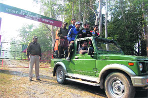 Tourists being taken to the Rajaji National Park in a Gypsy.