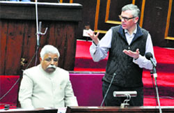 Chief Minister Omar Abdullah addresses the legislature in Jammu on Monday. a tribune photo