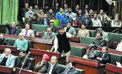 A BJP legislator makes a point during a debate in the Assembly on Monday. a tribune photograph