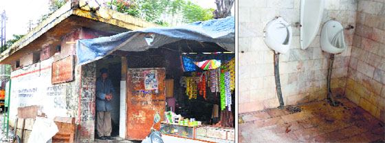The public toilet near Lord Mahavir Civil Hospital a shambles; and (right) hygiene given a miss inside a urinal at Rakh Bagh in Ludhiana.