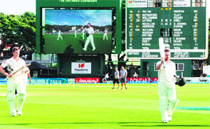 McCullum walks back to the pavilion on an unbeaten 281 after the draw of stumps on Monday. His spectacular knock has pushed the Indians firmly on the backfoot from a winning position.