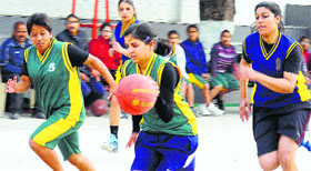 Players in action during the Senior State Basketball Championship in Sector 18, Chandigarh, on Tuesday.