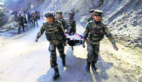 Soldiers present a demonstration on landslide rescue operations in Bhaderwah.