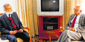Vice Chancellor, Central University, Jammu, Dr Sudhir S Bloeria interacts with Governor NN Vohra at Raj Bhawan in Jammu on Tuesday.