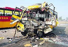 The damaged school bus which collided with a private bus in Phagwara on Monday
