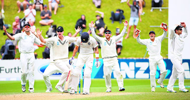 New Zealand players go up in appeal for a caught-behind decision against Virat Kohli but the umpire turned it down. Virat made the most of it as he went on to smash a match-saving ton.