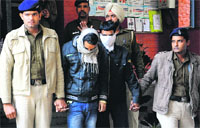 The two accused in police custody at Sector 34, Chandigarh, on Wednesday. A Tribune photograph