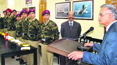 Punjab Governor Shivraj Patil addresses cadets at Maharaja Ranjit Singh Armed Forces Preparatory Institute in Mohali on Wednesday. A Tribune photograph