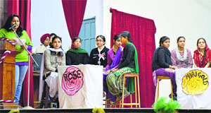 Students participate in a quiz competition at the Government College for Girls in Ludhiana.
