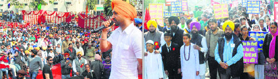 Punjabi singer Diljit Dosanjh sings songs in praise of the mother tongue; and (right) residents take part in a rally organised by Sabhyacharak Lok Manch to promote the use of Punjabi, in Ludhiana on Wednesday.