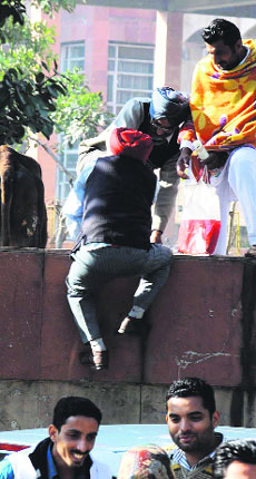 In this picture, employees of the District Administrative Complex are seen scaling a wall as farmers had blocked the entrance of the complex in Bathinda. Though the farmers stir is over, the image is enduring.