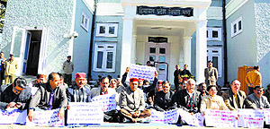 Leader of the Opposition PK Dhumal and other BJP MLAs hold placards during a protest outside the Vidhan Sabha in Shimla on Thursday