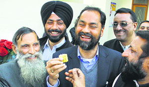 Sitting Adampur MLA Pawan Tinu in an elated mood after being chosen as the SAD-BJP alliance candidate for the Jalandhar Lok Sabha constituency.