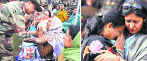 Northern Command chief Lt Gen Sanjiv Chachra interacts with a war widow during an ex-servicemens rally in Udhampur on Thursday; and (right) Anshul Chachra, regional president, Family Welfare Organisation, Northern Command, consoles a war widow. Tribune Photos: Anand Sharma 