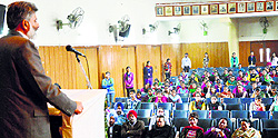 Prof Lakhwinder Singh Gill addresses students during a national conference at SCD Government College