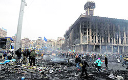 People at Independence Square in Kiev, the epicenter of Ukraines unrest, on Thursday