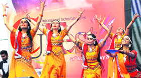 Students perform during a fest at Chandigarh University, Gharuan, on Friday.